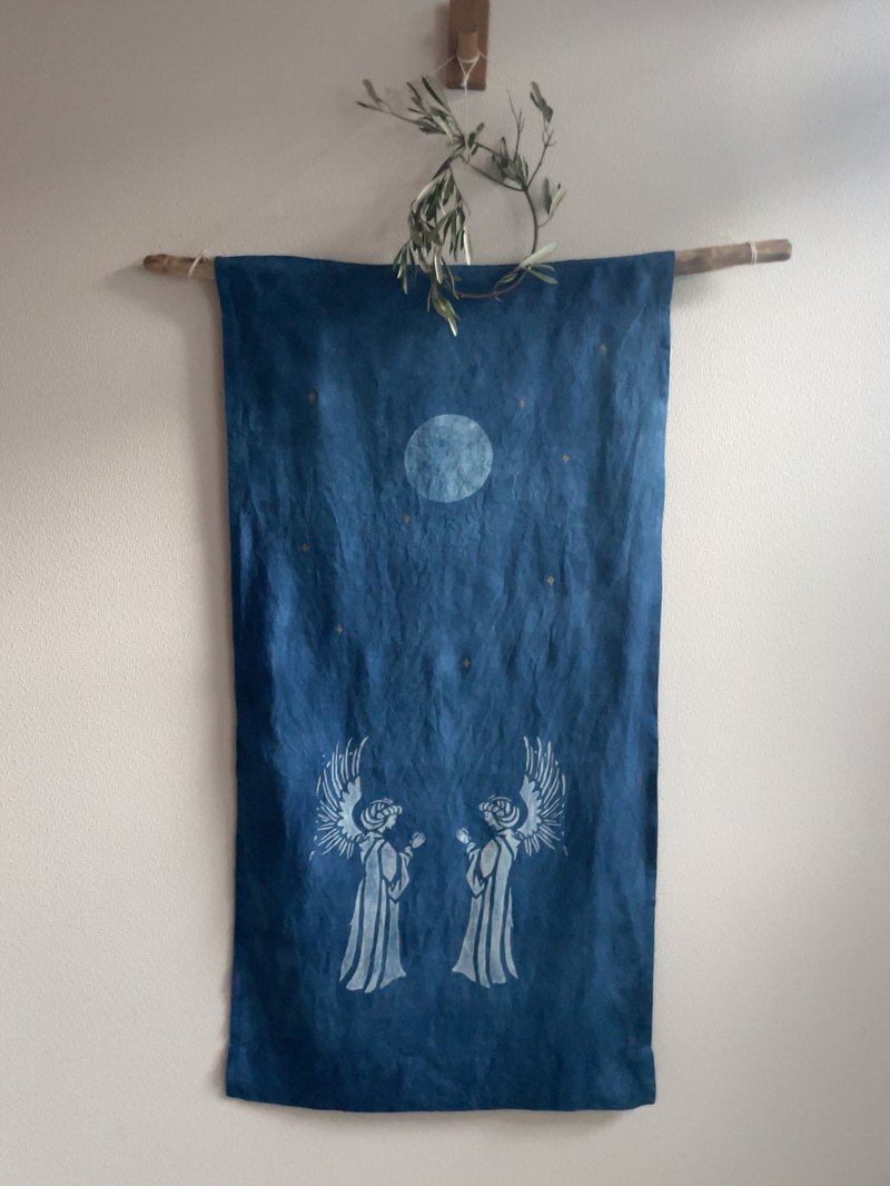日本製 手染め Angel Tapestry Moon Star JAPANBLUE  Aizome 天使 クリスマス 藍染タペストリー - 壁貼/牆壁裝飾 - 棉．麻 藍色