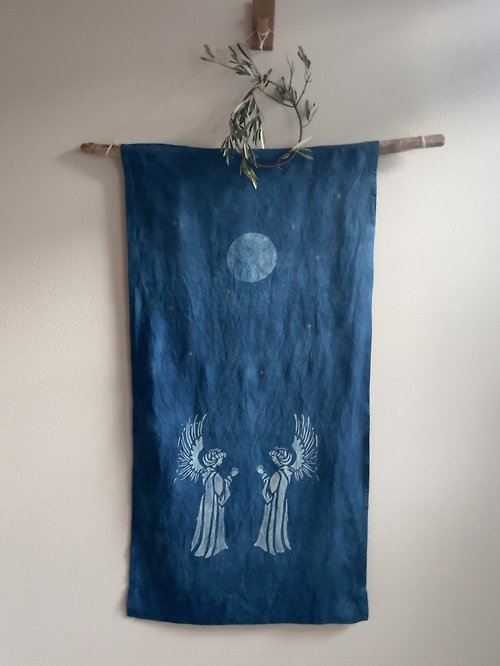 BLUE PHASE 日本製 手染め Angel Tapestry Moon Star JAPANBLUE Aizome 天使 クリスマス 藍染タペストリー