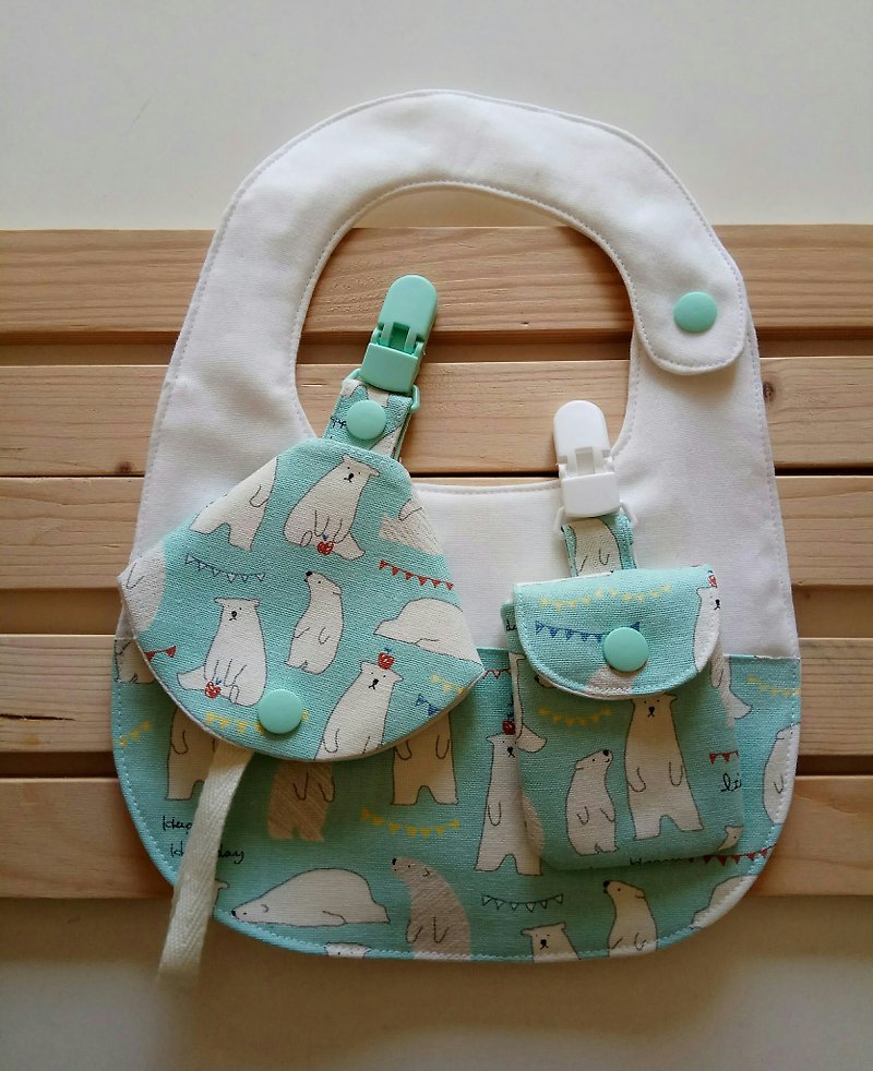 Lake water green polar bear Miyue gift bib + peace symbol bag + two in one pacifier clip - Baby Gift Sets - Cotton & Hemp Green