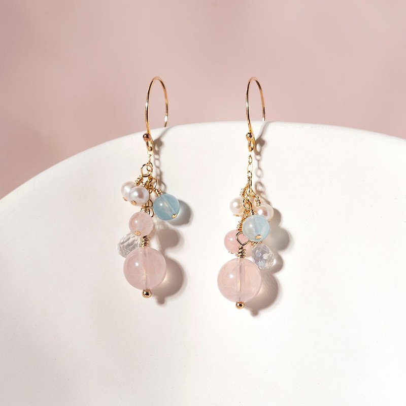 粉晶海藍寶月光石珍珠14K金水晶耳環 禮物 - 耳環/耳夾 - 水晶 粉紅色