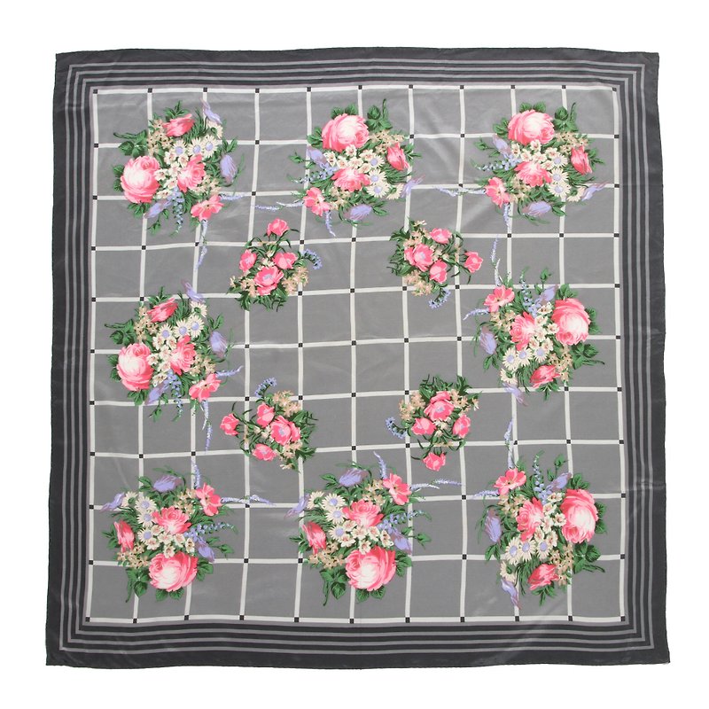 [Eggs] vintage bouquet printing plant on the grid vintage scarves - Scarves - Silk Gray