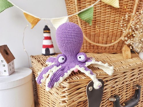 Rizhik_toys Soft toy octopus. Purple octopus crocheted from cotton yarn. Octopus is 7 inches
