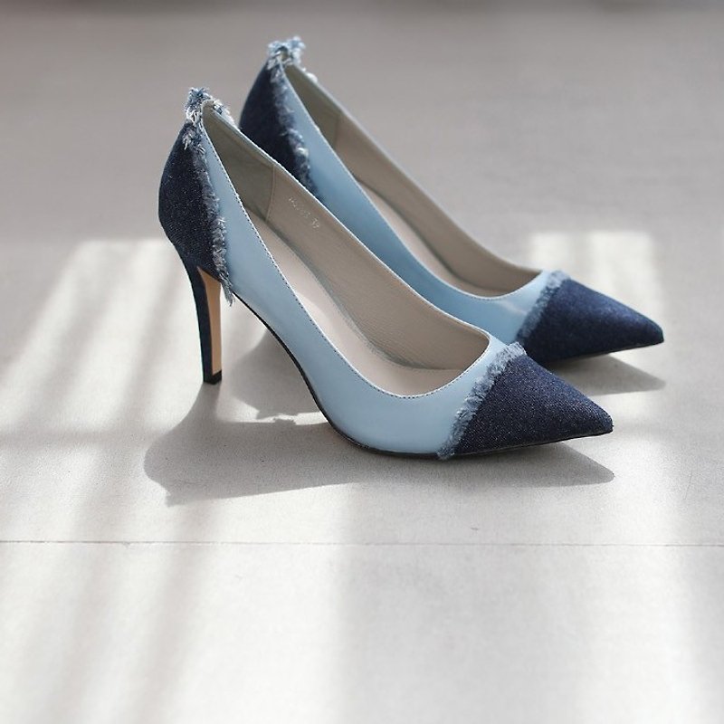 [Show products clear] partial denim stitching leather stilettos water blue - High Heels - Genuine Leather Blue