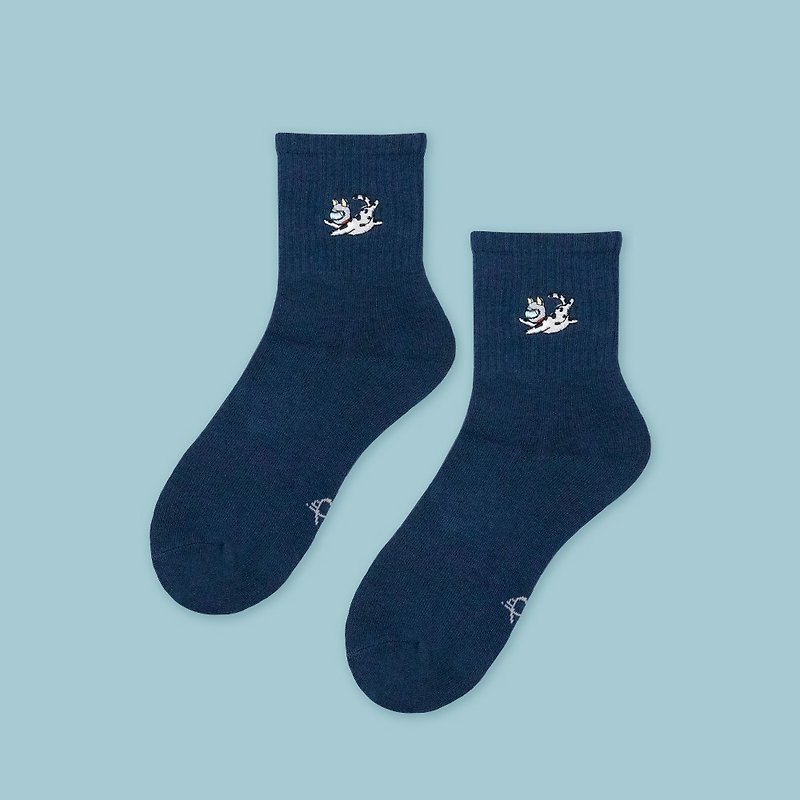 阿牛太空貓咪中筒襪-深藍 - 襪子 - 棉．麻 藍色