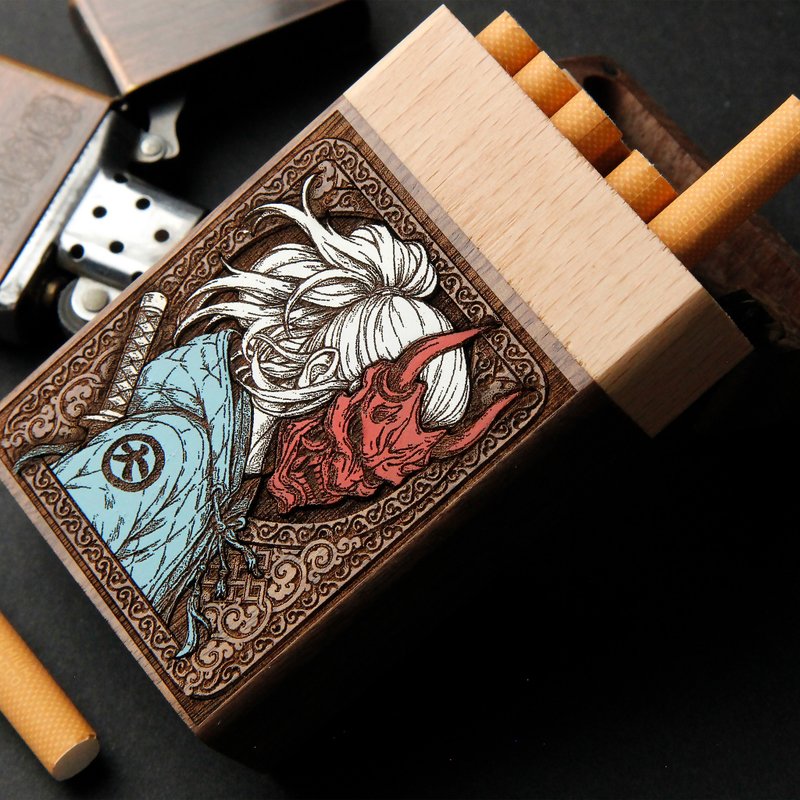 鬼パンク - レーザー彫刻 + 手描きシガレットケース - その他 - 木製 ブラウン