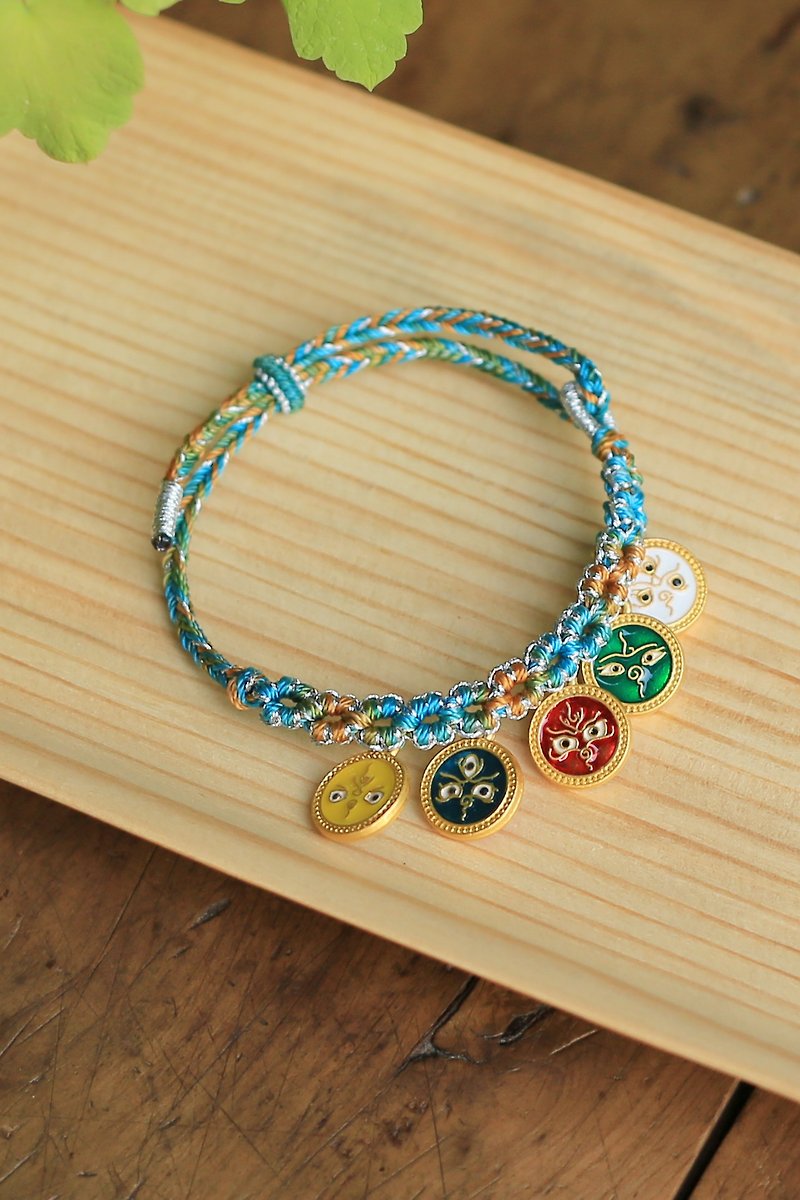 Spring and Autumn Handmade Kumihimo| Blue Auspicious Bracelet Enamel Color Sand Gold Tibetan Five-Way God of Wealth - สร้อยข้อมือ - ทองแดงทองเหลือง 