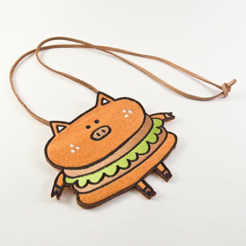 刺繍カードホルダーカードホルダー財布 -  Hamburger Pig - パスケース - 刺しゅう糸 オレンジ