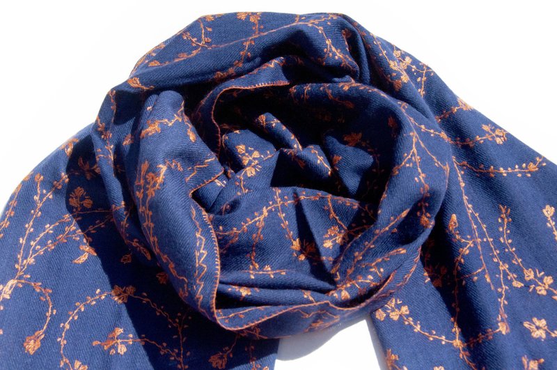 Cashmere/cashmere scarf/pure wool scarf/ring velvet shawl-embroidered flowers - Knit Scarves & Wraps - Wool Blue