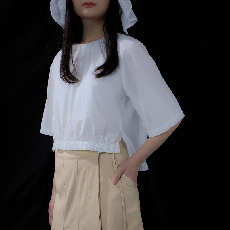 前短後長鬆緊襬上衣 - 女上衣/長袖上衣 - 棉．麻 白色