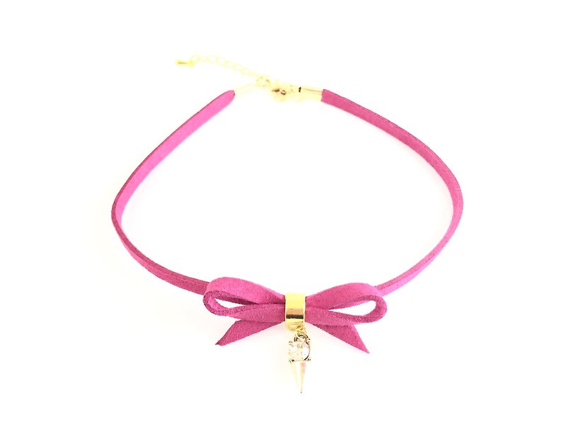 "Pink Bow Necklace" - สร้อยคอ - หนังแท้ สึชมพู