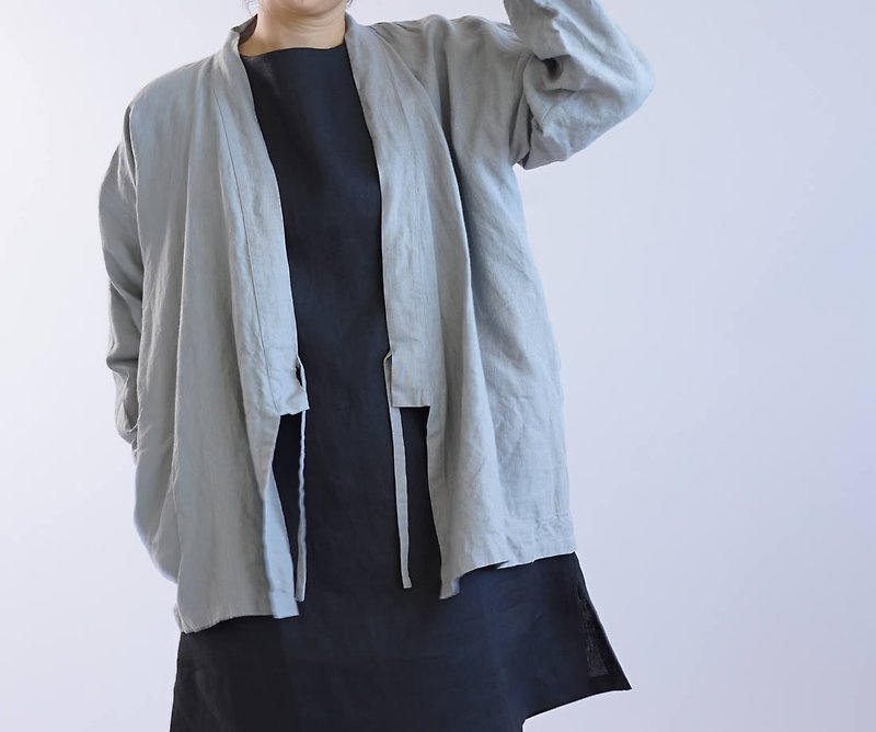 wafu   linen cardigan / outerwear / long sleeve / tops / Jacket / gray b37-2 - เสื้อฮู้ด - ผ้าฝ้าย/ผ้าลินิน สีเทา