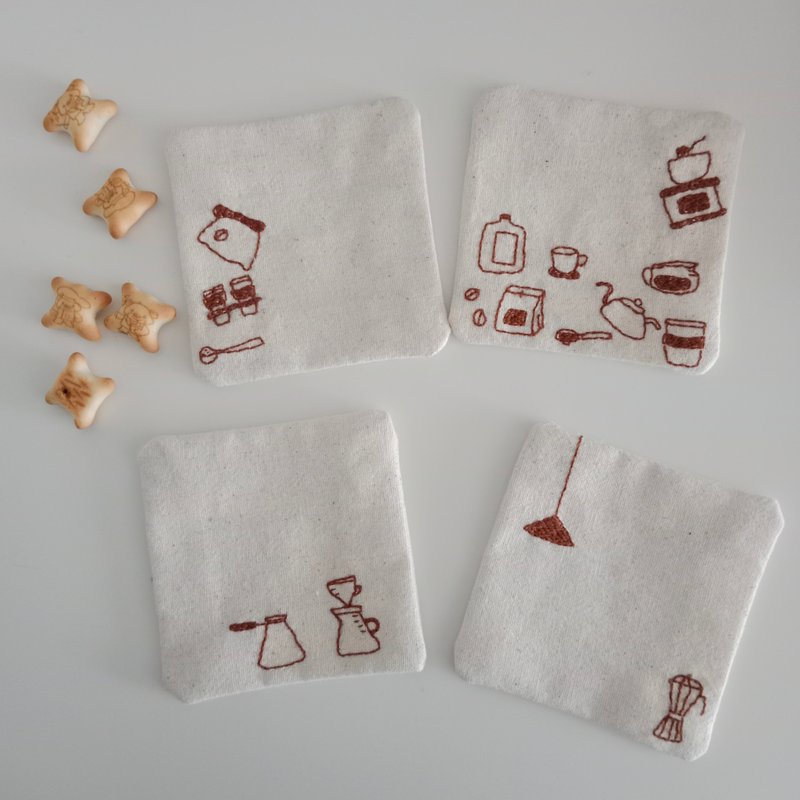 Coffee coaster set 4 PCS hand embroidered 100% cotton fabric - 杯墊 - 棉．麻 白色