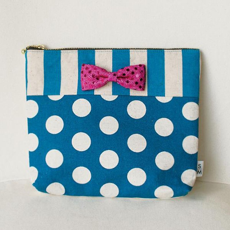 pouch dots stripes borders blue pink ribbon brooch Chief - Toiletry Bags & Pouches - Cotton & Hemp Blue