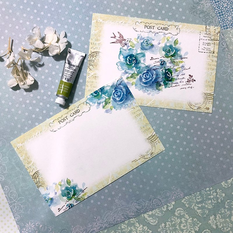 水彩明信片/心意卡【冷艷玫瑰花環】 - 卡片/明信片 - 紙 綠色