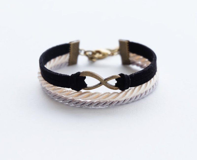 Brass infinity in Black suede Cream and Light gray rope - Bracelets - Other Materials Black