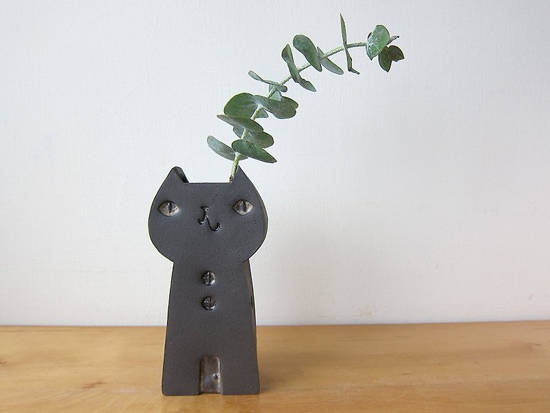 貓房子-黑皮 / 花器 陶擺飾 - 花瓶/花器 - 陶 黑色
