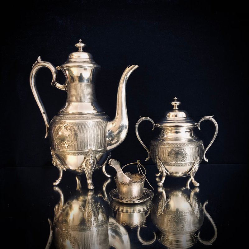 French Style Empire Silver plated guilloche large five-piece tea set - ถ้วย - เงิน สีเงิน