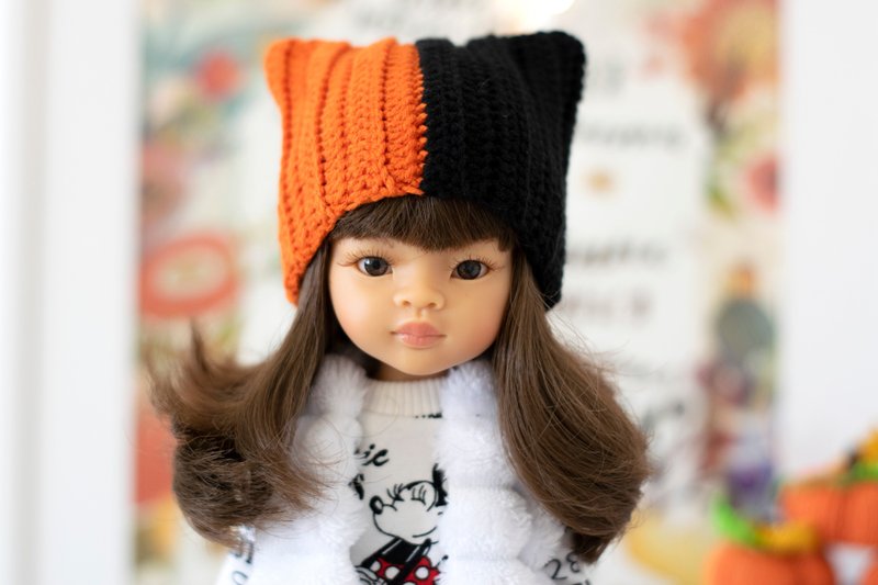 Orange and black block hat for doll Paola Reina, Siblies, Halloween costume - ของเล่นเด็ก - ผ้าฝ้าย/ผ้าลินิน สีส้ม