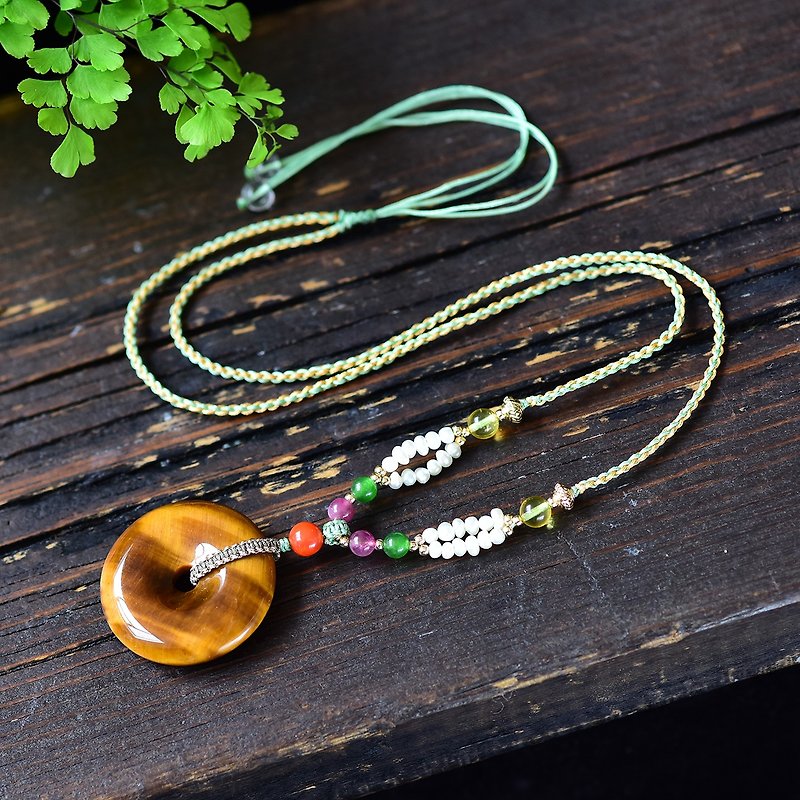 Quality natural tiger eye Stone pendant peace buckle necklace with high-end handmade rope inspire courage firm belief - Necklaces - Gemstone 