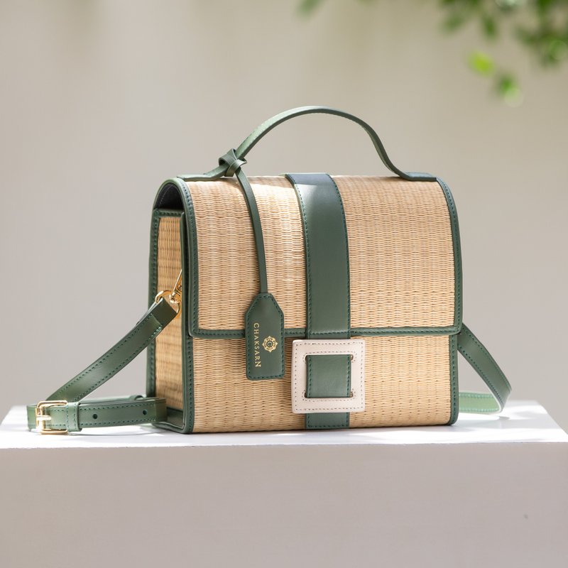 Woven Straw Summer Crossbody Green and Purple Color Handbag - Handbags & Totes - Genuine Leather Green