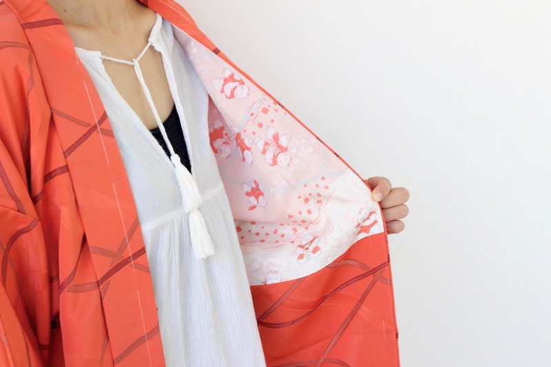 bamboo kimono, haori, kimono, kimono top, silk kimono, Japanese fashion /2611 - เสื้อแจ็คเก็ต - ผ้าไหม สีส้ม