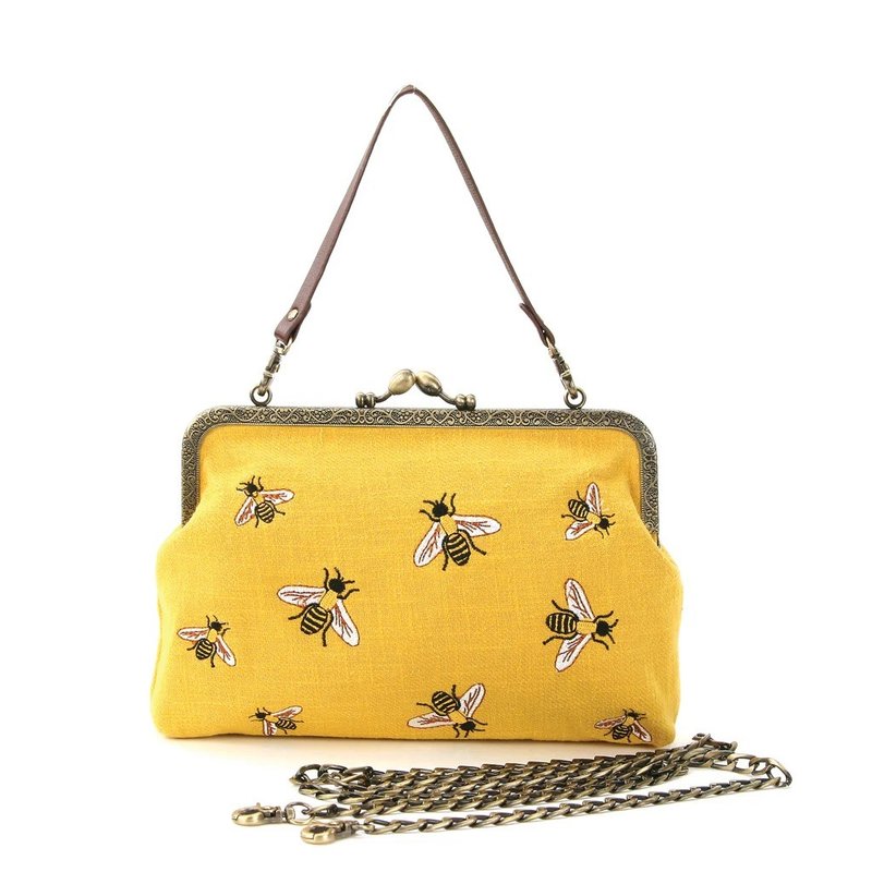 Little Bee Embroidered Kiss Lock Bag Shoulder Carry Two-Purpose Bag Coolecun - กระเป๋าแมสเซนเจอร์ - ผ้าฝ้าย/ผ้าลินิน สีเหลือง