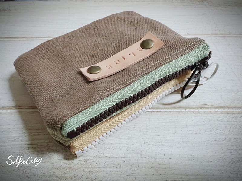 Japanese Khaki Camel Canvas Double Zip Coin Purse Organizer - กระเป๋าใส่เหรียญ - ผ้าฝ้าย/ผ้าลินิน สีกากี