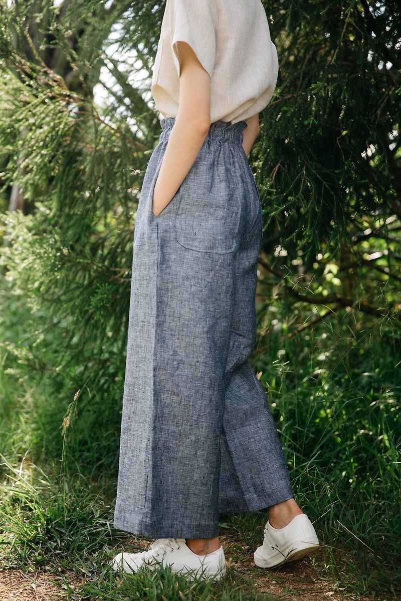 Linen Easy Pants in Navy Chambray - 女長褲 - 棉．麻 藍色