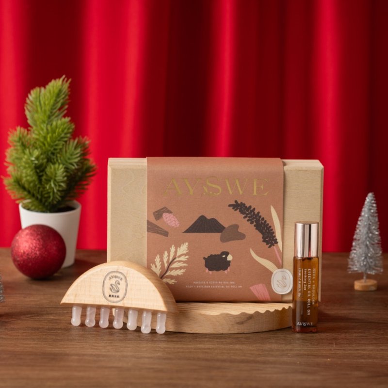 [Christmas Gift Box l Fast Shipping] Rose Quartz Gua Sha Beech Wood Massage Comb & Soothing Roller Ball Essential Oil Gift Box - Fragrances - Wood 