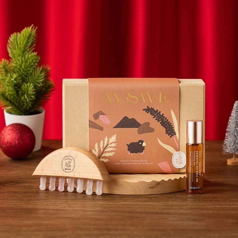 [Christmas Gift Box l Fast Shipping] Rose Quartz Gua Sha Beech Wood Massage Comb & Soothing Roller Ball Essential Oil Gift Box - Fragrances - Wood 