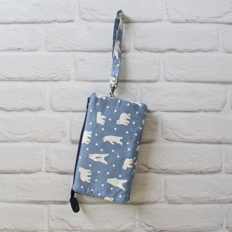 Polar bear three-layer coin purse (long with wrist strap) / storage bag mobile phone bag - Wallets - Cotton & Hemp Blue