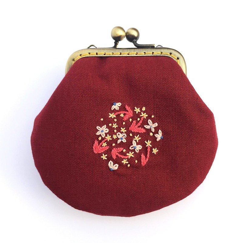 Embroidered flower mouth gold small bag - กระเป๋าใส่เหรียญ - ผ้าฝ้าย/ผ้าลินิน สีแดง