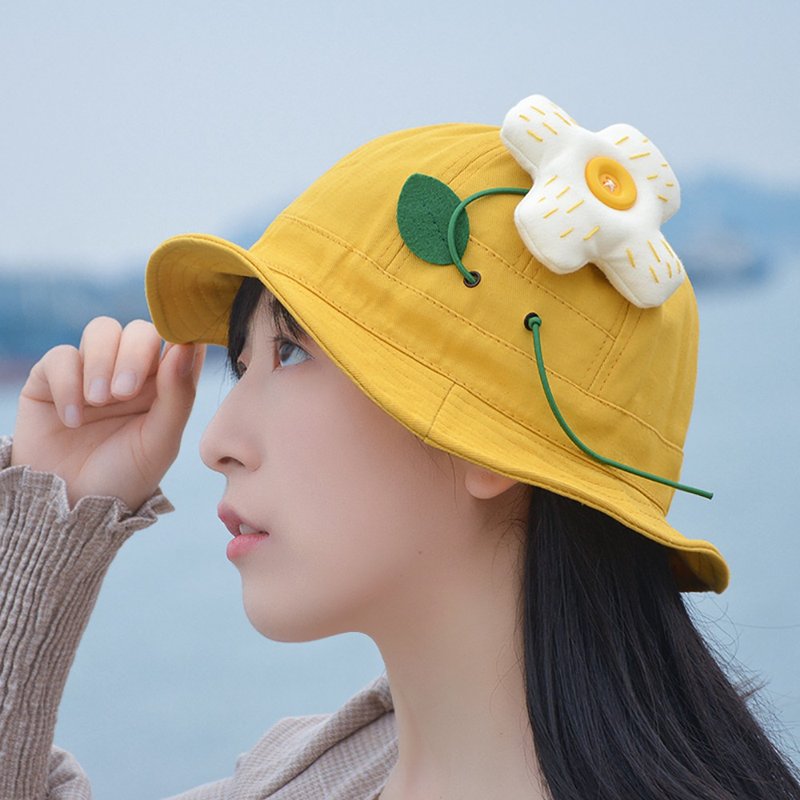 清新可愛花朵漁夫帽 春夏個性出遊遮陽帽 休閒短簷波浪邊棉布帽子 - 帽子 - 棉．麻 黃色