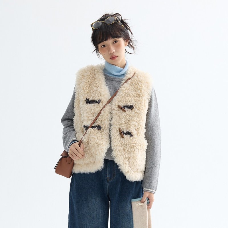 V領羊羔絨馬甲|背心|秋冬款|Sora-1966 - 背心/無袖上衣 - 聚酯纖維 白色