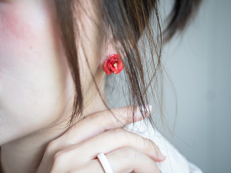 Red Rose Porcelain Earrings - Sterling Silver 925 - 耳環/耳夾 - 瓷 紅色