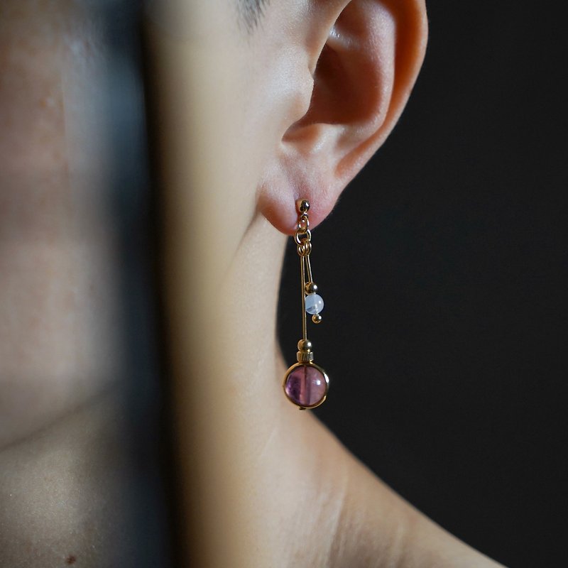 紫螢石條紋瑪瑙衛星耳環 - 可製作夾式 - 耳環/耳夾 - 銅/黃銅 黑色
