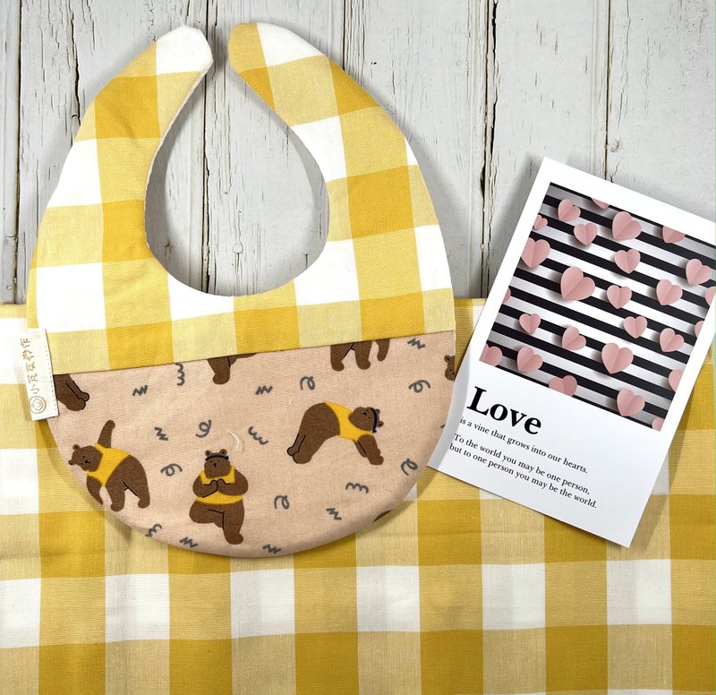 格紋鬆餅兜 黃色瑜珈熊 - 圍兜/口水巾 - 棉．麻 黃色
