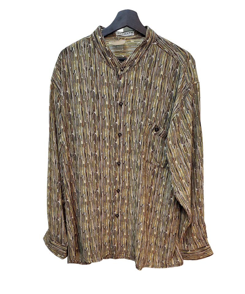 Politely dressed Japanese vintage chiffon Henry collar mosaic striped long lining XL size nearly new - Men's Shirts - Cotton & Hemp Multicolor