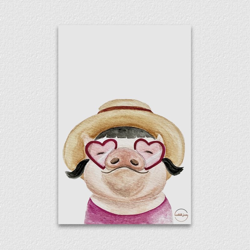 Watercolor illustration animal postcard - beach pig hand drawn watercolor illustration - การ์ด/โปสการ์ด - กระดาษ สึชมพู