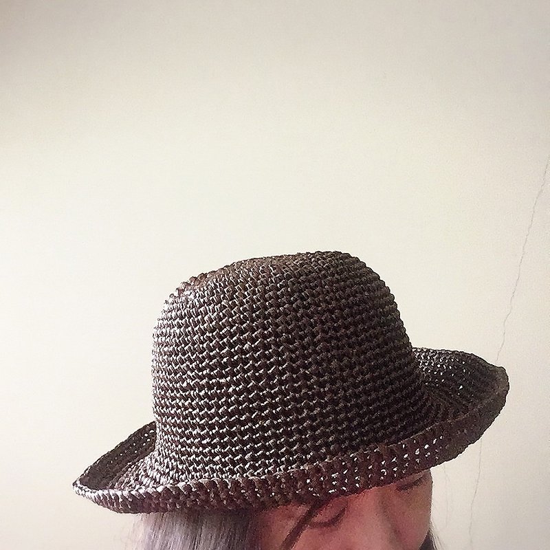 hm2. Raffia paper fiber ruffled straw hat coffee - Hats & Caps - Paper Brown