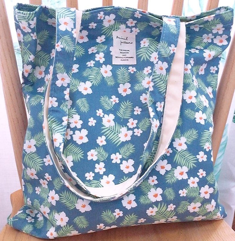 コットンバッグ、環境にやさしい綿布バッグ、ショッピングバッグ、トートバッグ、ショルダーの小さな花 - トート・ハンドバッグ - コットン・麻 ブルー