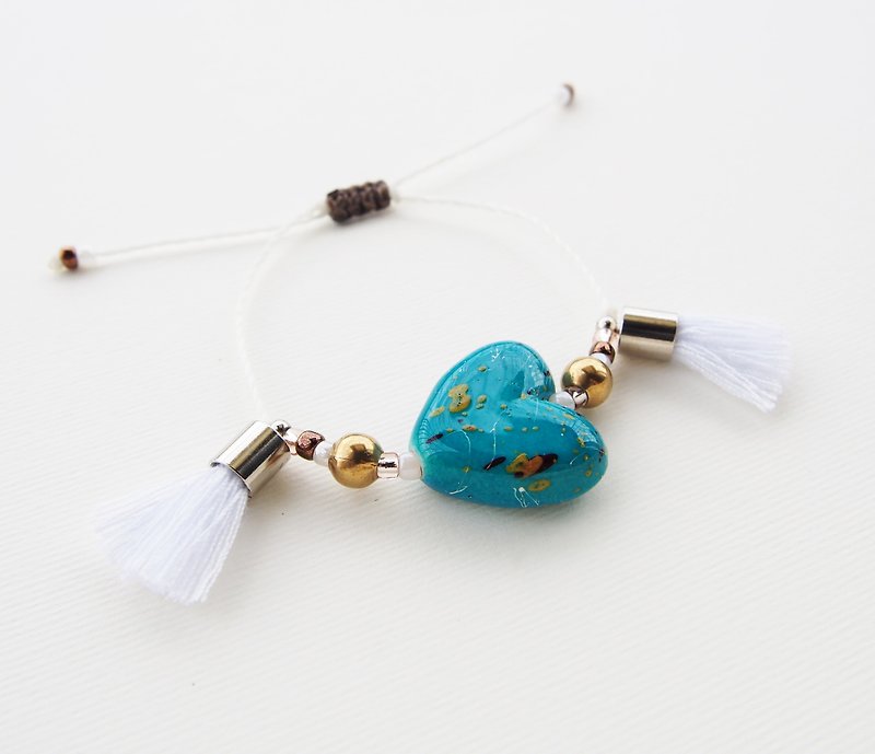 Turquoise painted-heart white tassel string bracelet - Bracelets - Other Materials Blue