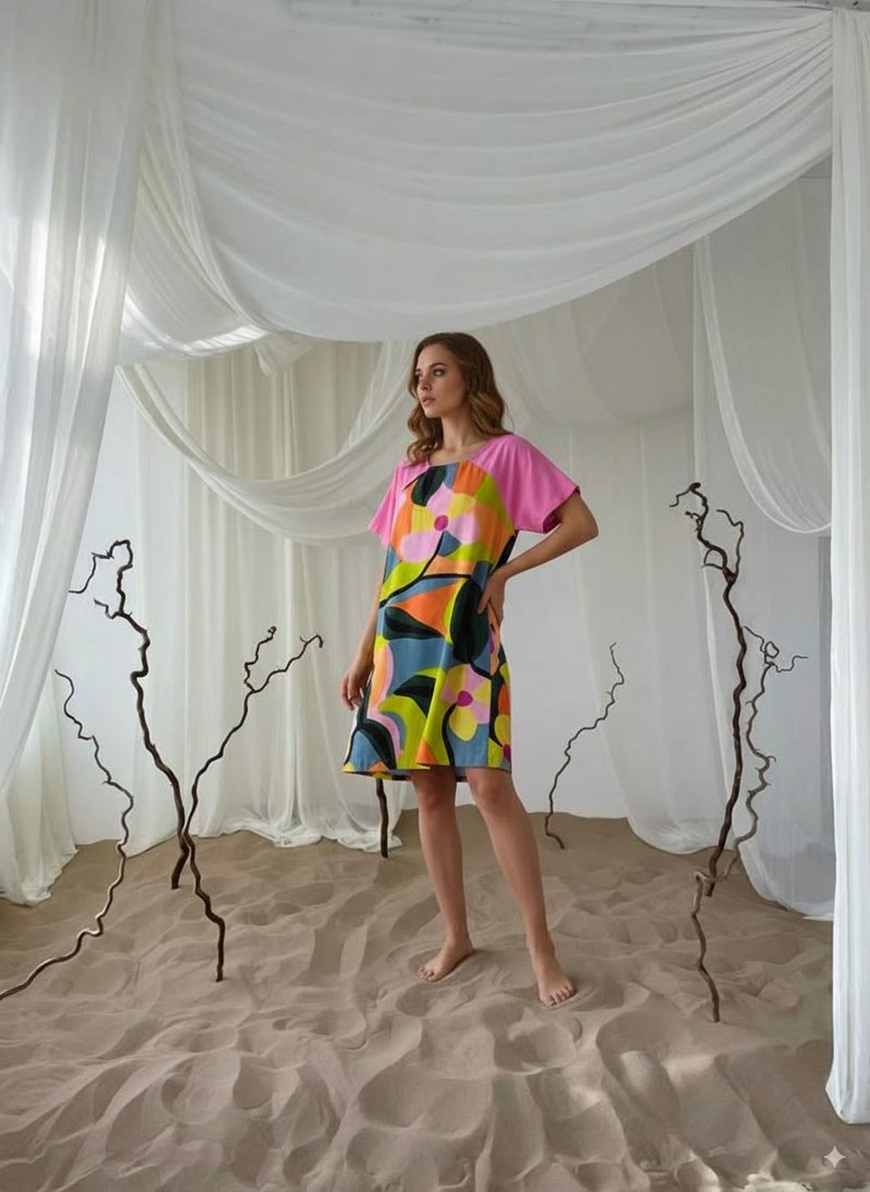 Floral Pink leaf cotton rayon dress colorful summer loose - 洋裝/連身裙 - 棉．麻 