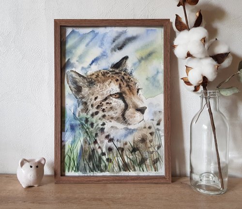 Arina Morozova Original Watercolor artwork handmade framed - Portrait of a cheetah