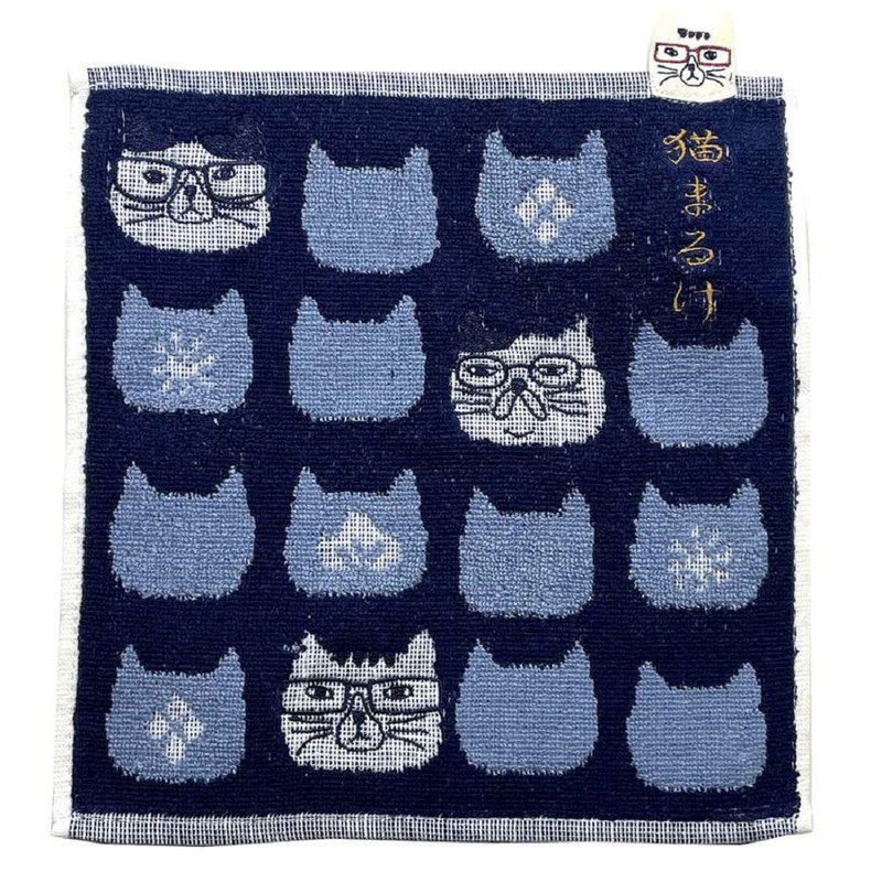 Kusuguru Japan Neko Maru Series Fluffy Embroidery Jacquard Towel Handkerchief Classic Blue - Towels - Cotton & Hemp Blue