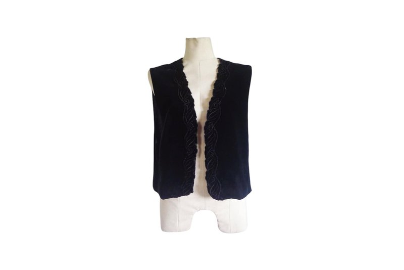 Black Velvet Woman Vest Scallop trim, Embellishment velvet top, Deep Armhole - 背心/無袖上衣 - 聚酯纖維 黑色
