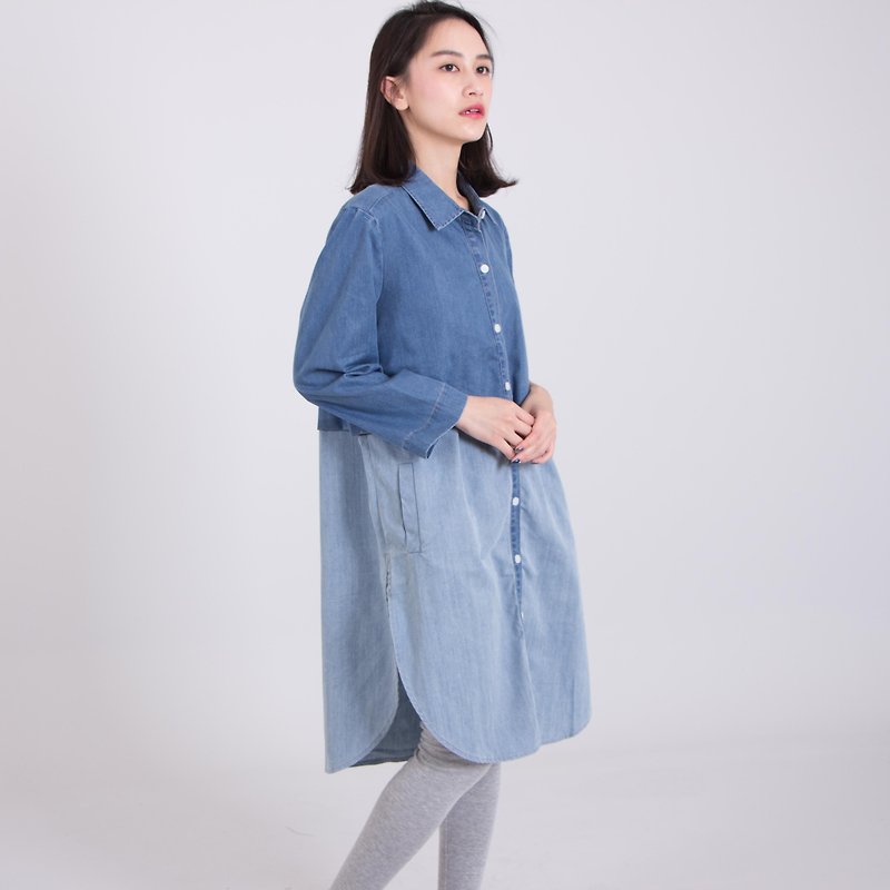 Two - color denim shirt S017060050 - Women's Shirts - Cotton & Hemp Blue