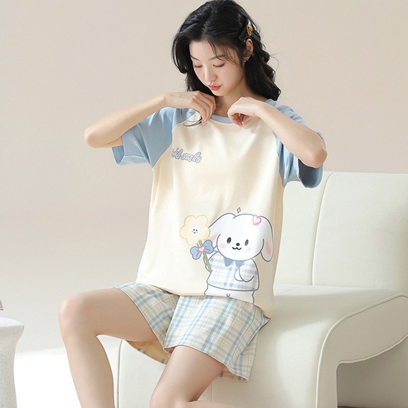 Pink Lady cotton soft pajamas plaid puppy off-shoulder short-sleeved two-piece women's pajamas home wear - ชุดนอน/ชุดอยู่บ้าน - ไฟเบอร์อื่นๆ สีน้ำเงิน