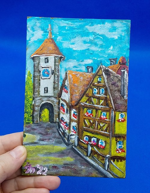 CosinessArt Cityscape. Old city. Street landscape. Town Hall. Original mini acrylic painting
