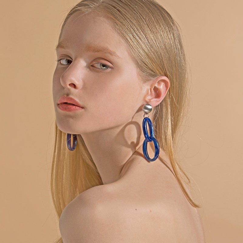 Blue Marble Link Earrings / Ear Clips - Earrings & Clip-ons - Acrylic Blue